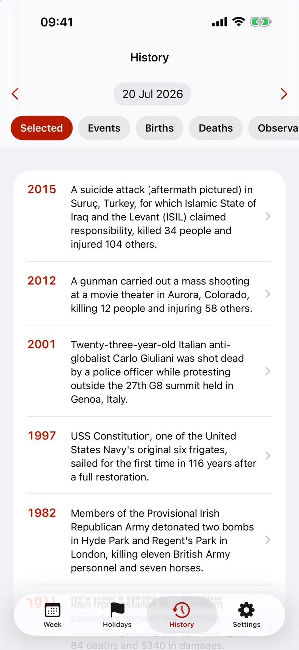 History tab for 20 July 2026 with events from Wikipedia and the categories Selected, Events, Births and Deaths.