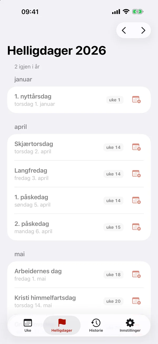 Helligdager 2026 gruppert etter måned, med ukenummer og knapp for å legge til i kalenderen.