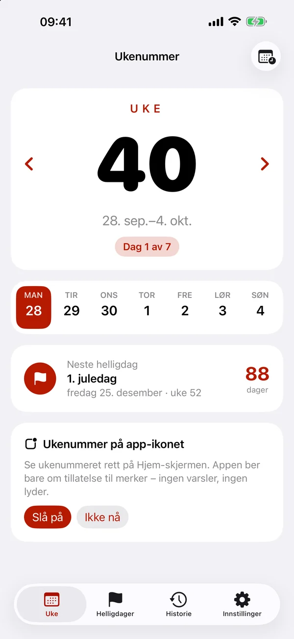 Uke-fanen: stort ukenummer 40, datoene 28. september til 4. oktober, ukens dager og nedtelling til 1. juledag.