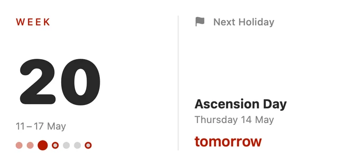 Medium widget: WEEK 20 and the next holiday, Ascension Day, tomorrow.
