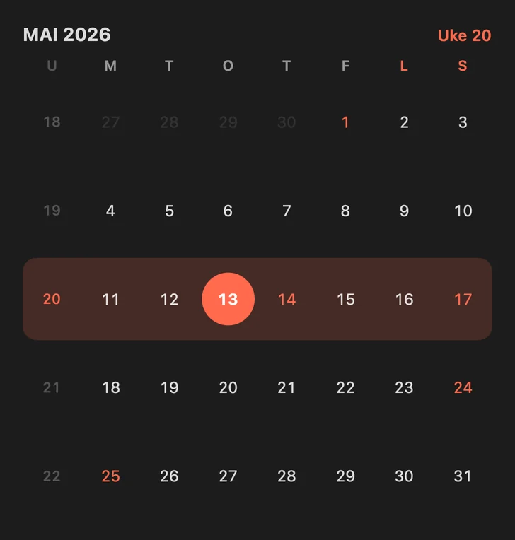 Stor widget i mørk modus: kalender for mai 2026 med ukenummer.