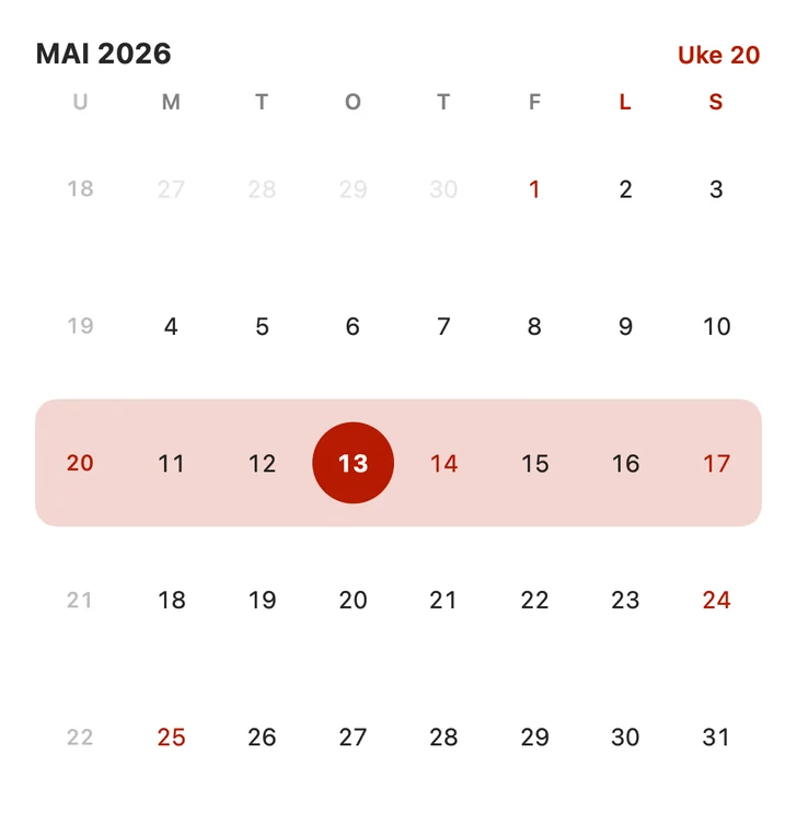 Stor widget: kalender for mai 2026 med ukenummer langs venstre kant og helligdager i rødt.