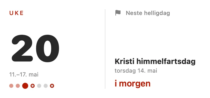Middels widget: UKE 20 og neste helligdag, Kristi himmelfartsdag, i morgen.