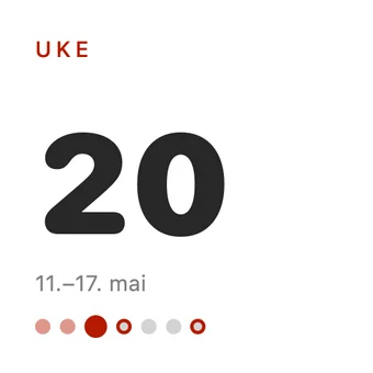 Liten widget: UKE 20, 11.–17. mai og ukens dager som prikker.